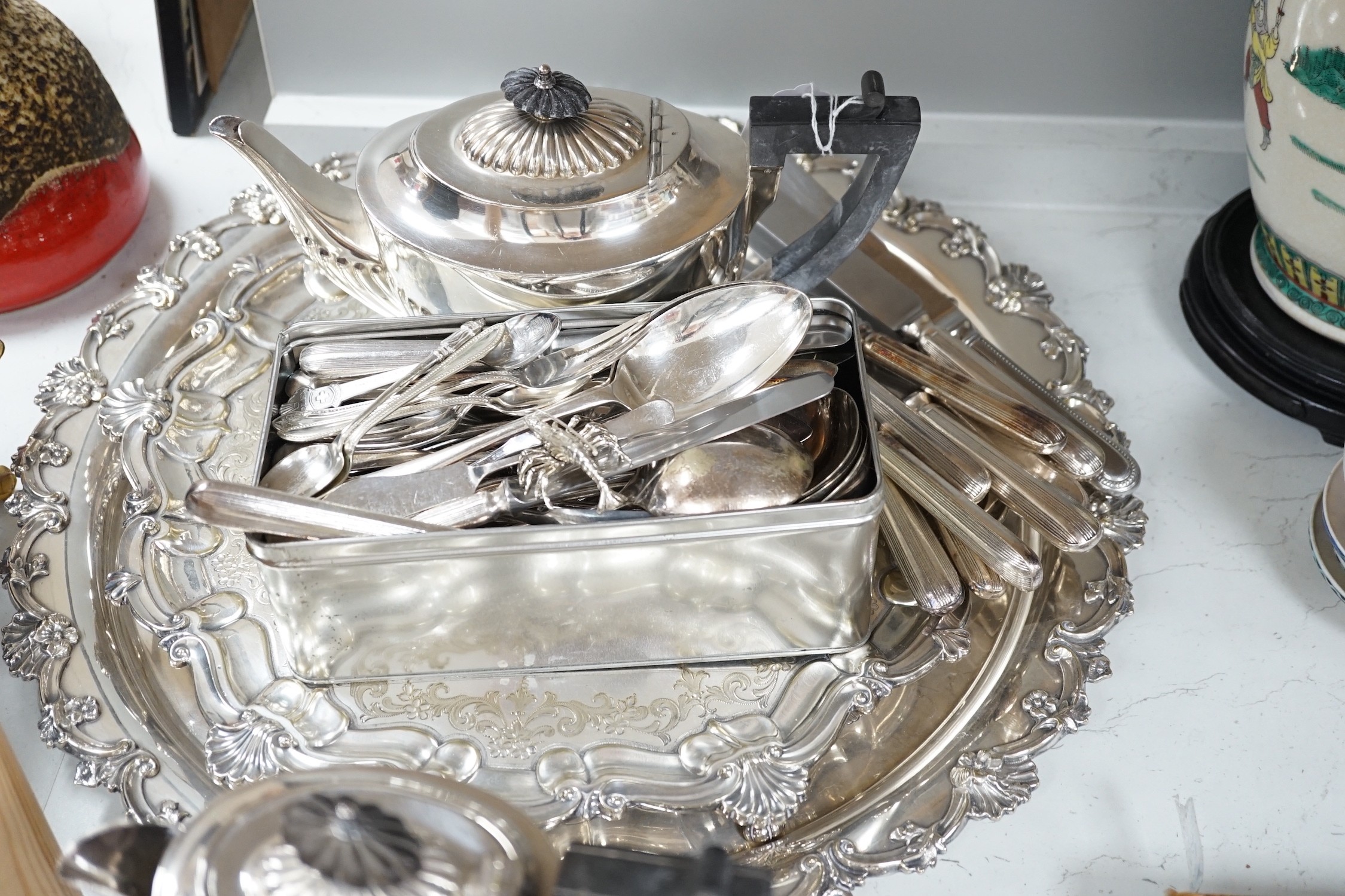 Hukin and Heath silver plated tray, another similar tray, cutlery, tea pot and coffee pot etc